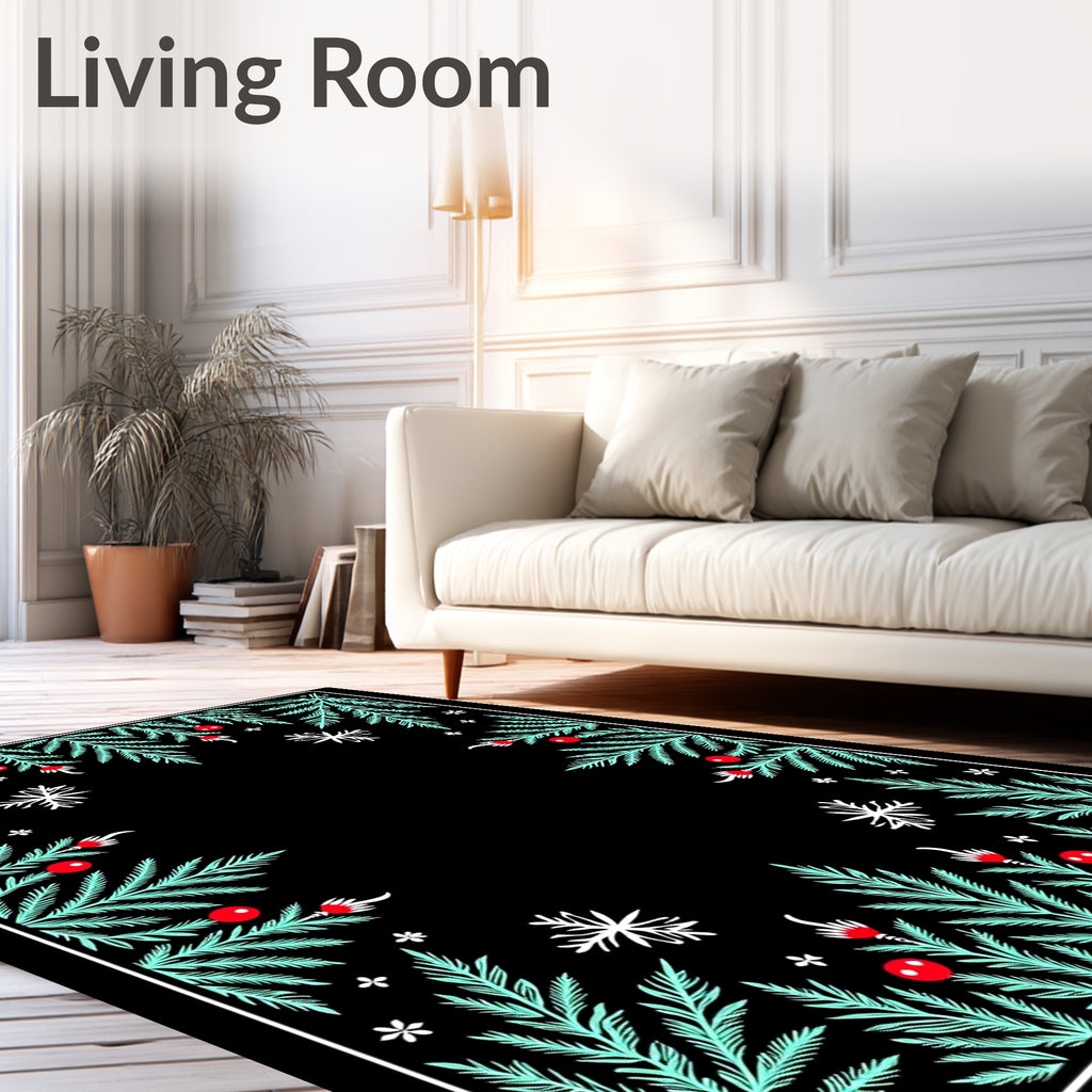 Festive Pine Sprig Red Berry Accents Rug