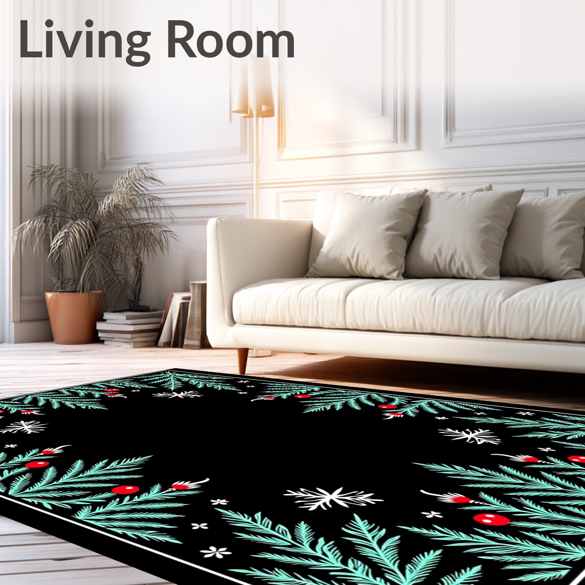 Festive Pine Sprig Red Berry Accents Rug