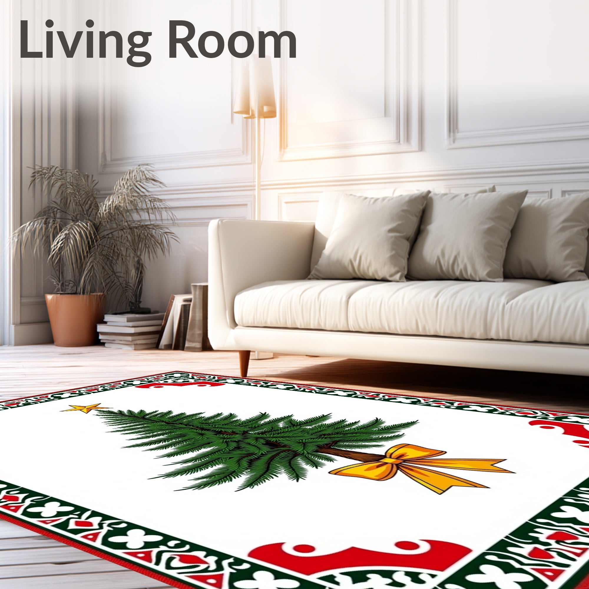 Green Fir Tree Golden Bow Frame Rug