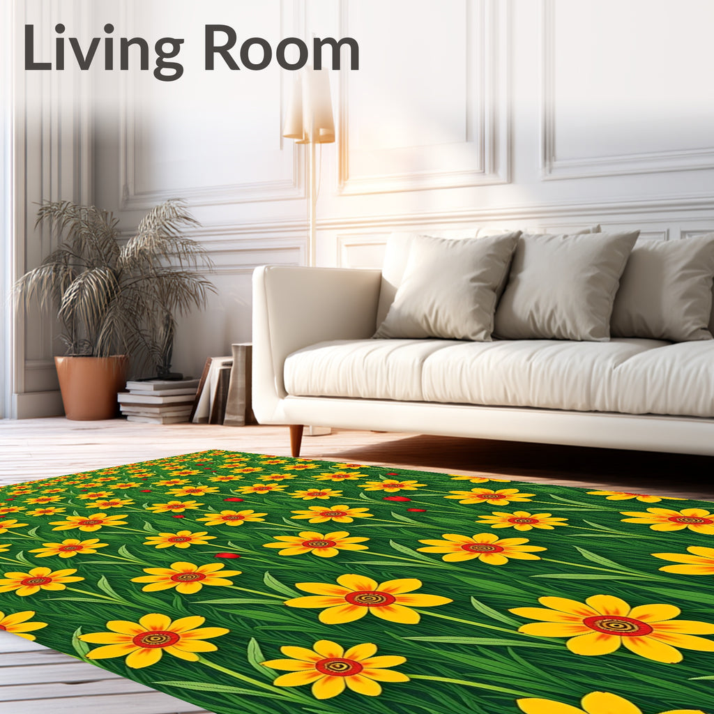 Sunny Yellow Floral Field Grass Rug