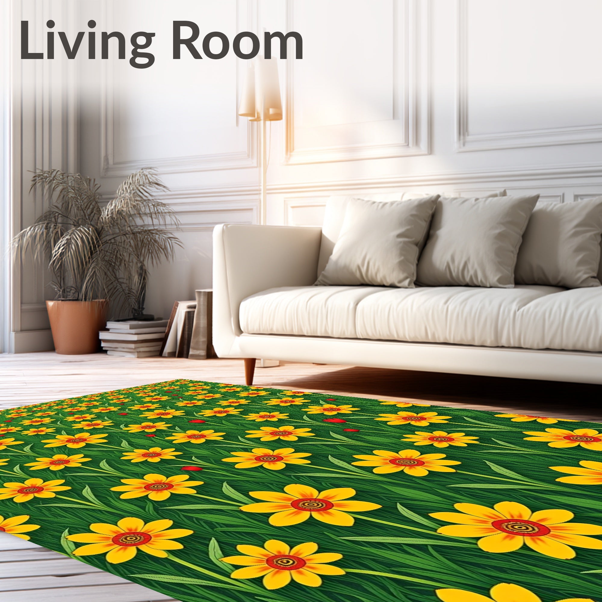 Sunny Yellow Floral Field Grass Rug