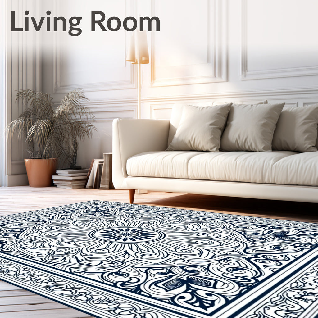 Deep Blue Floral Medallion Swirl Rug