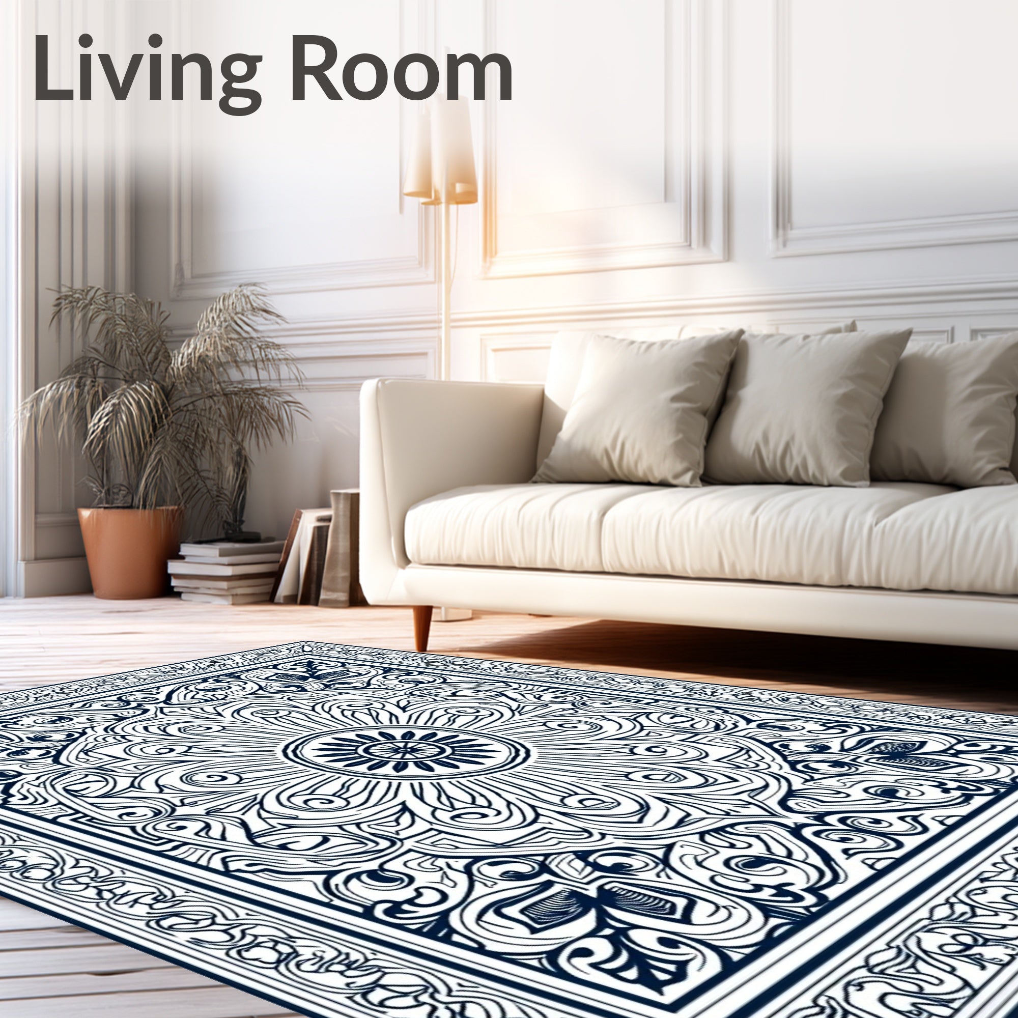 Deep Blue Floral Medallion Swirl Rug