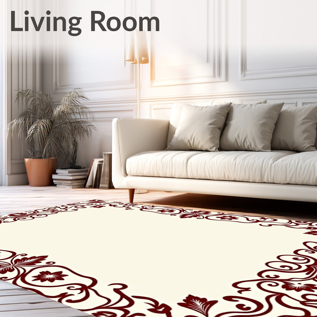 Rich Burgundy Floral Scroll Border Rug