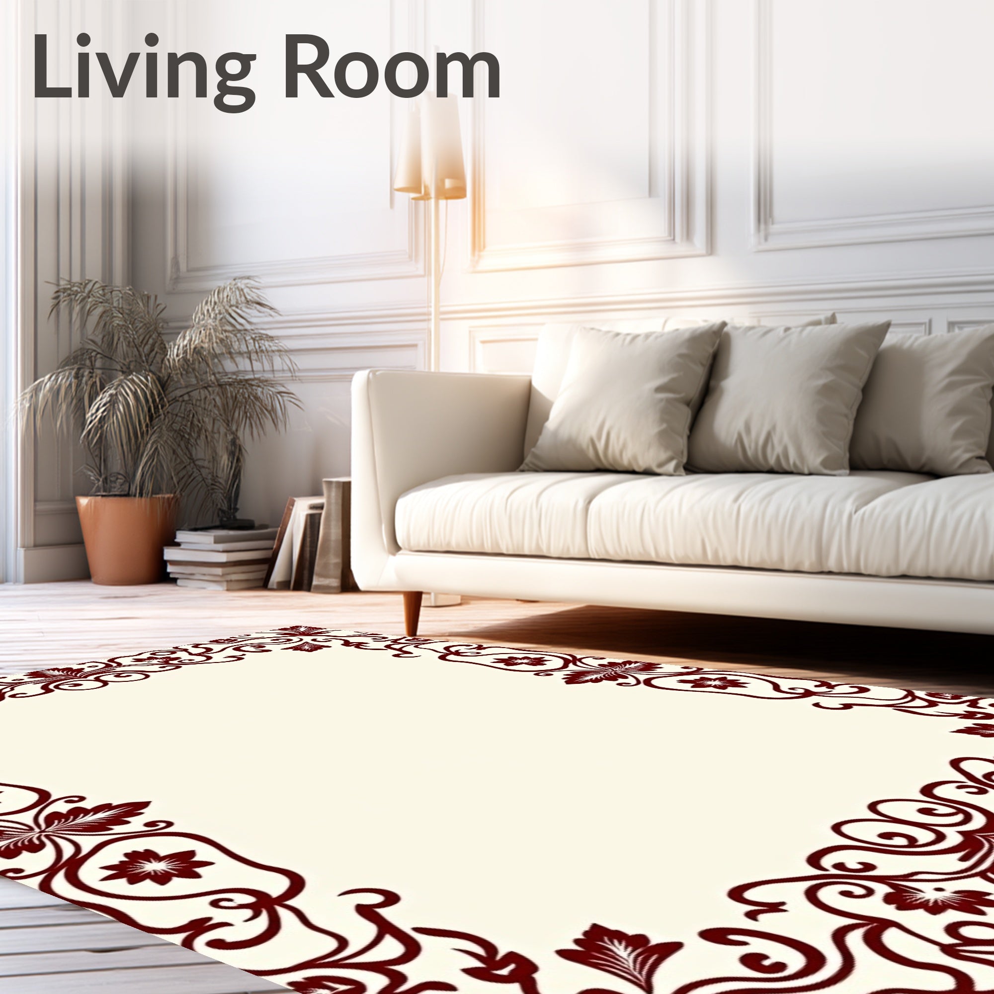 Rich Burgundy Floral Scroll Border Rug