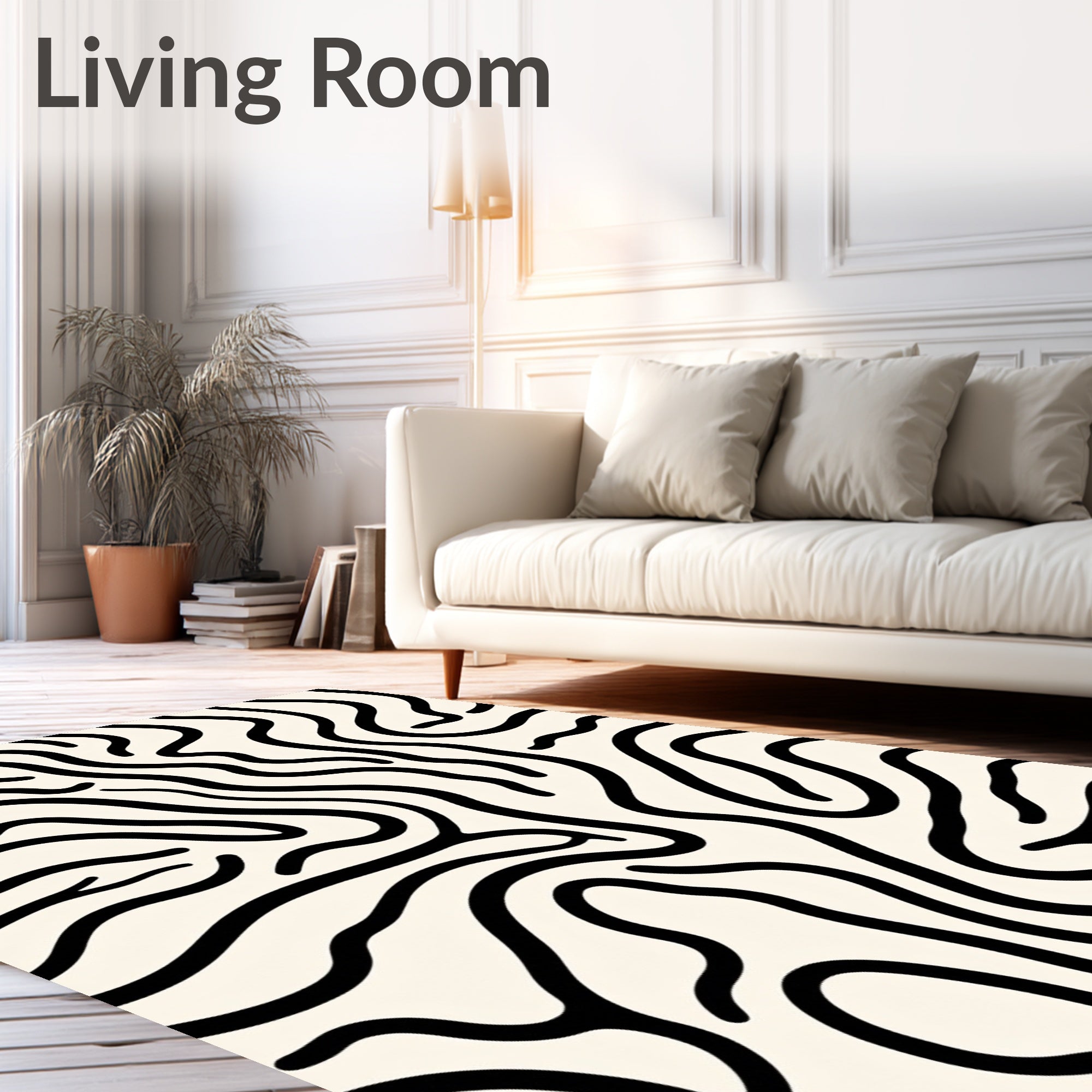 Abstract Cream Black Wavy Lines Rug