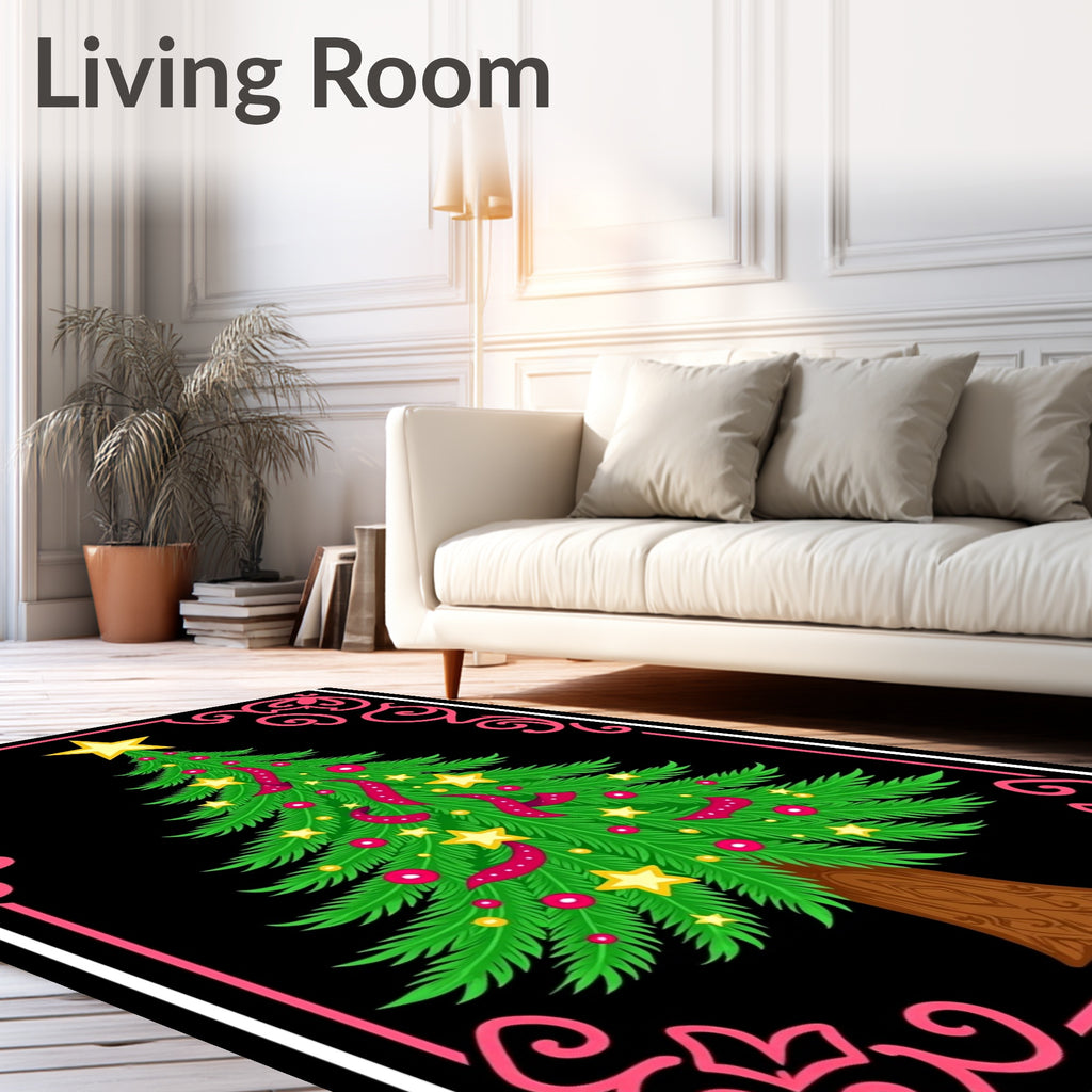 Festive Green Christmas Tree Floral Border Rug