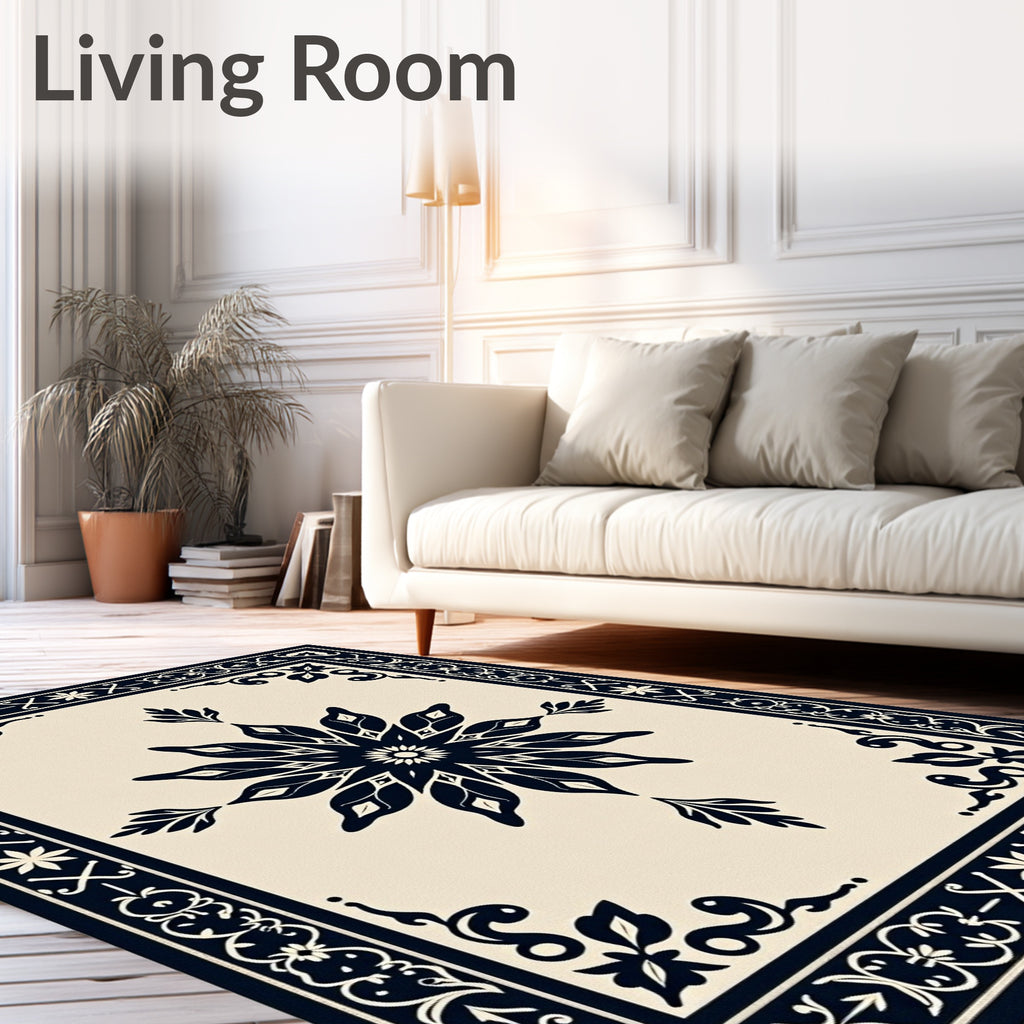Deep Blue Floral Medallion Border Tile Rug