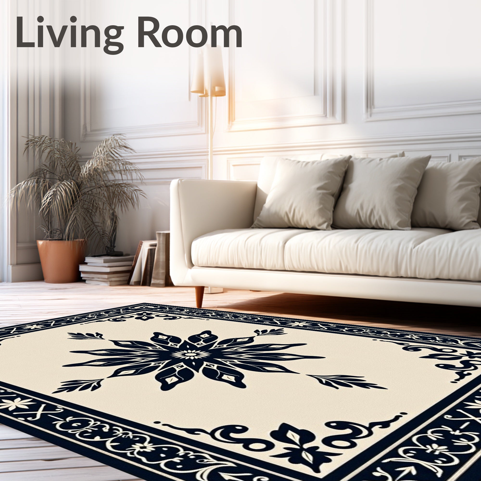 Deep Blue Floral Medallion Border Tile Rug