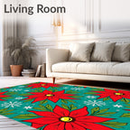 Festive Red Poinsettia Snowflakes Teal Rug
