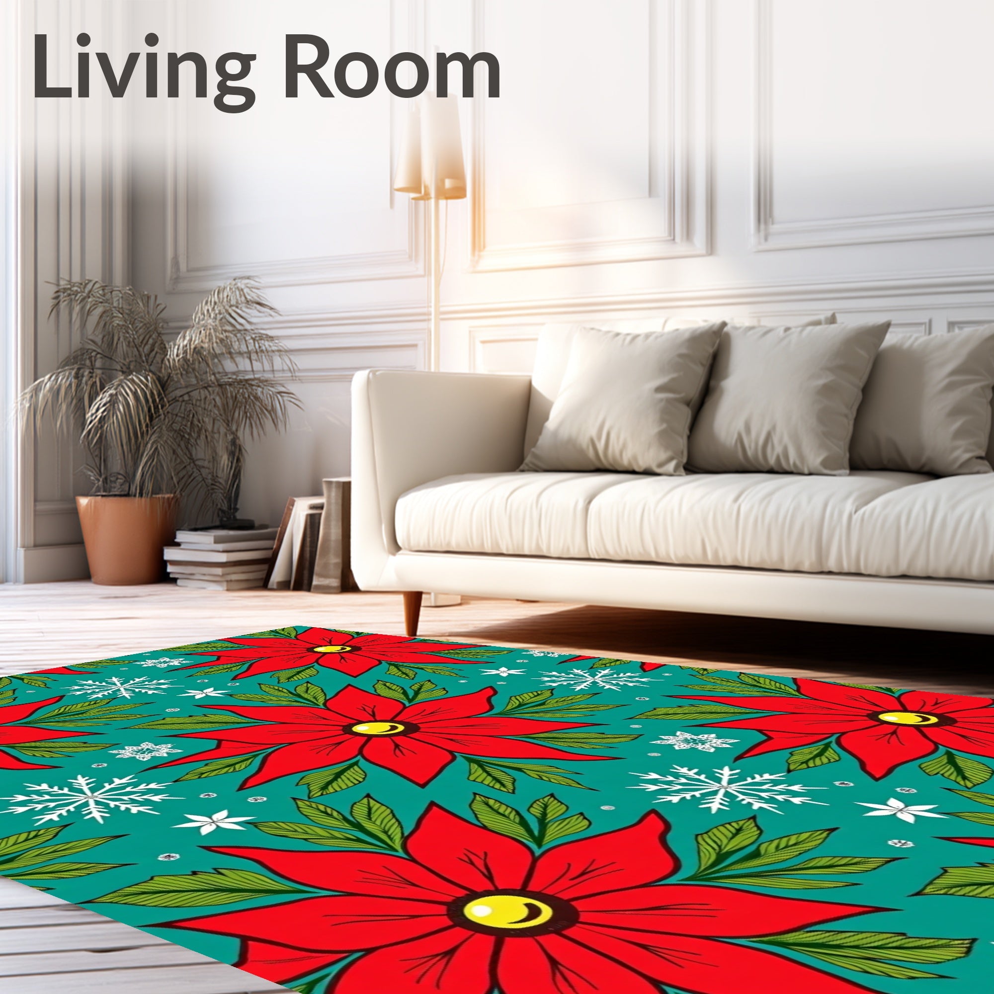 Festive Red Poinsettia Snowflakes Teal Rug