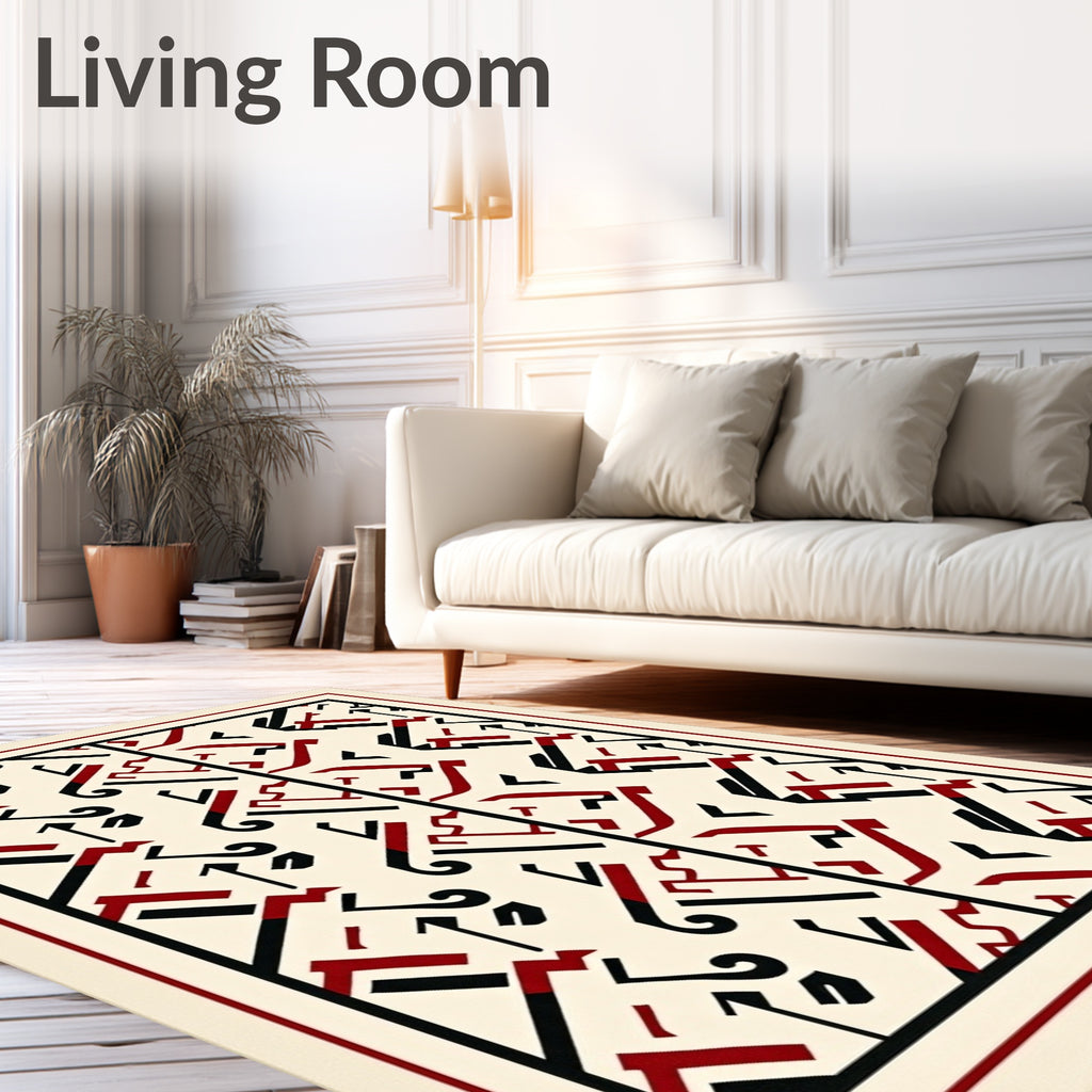 Art Deco Cream Black Red Geometric Rug