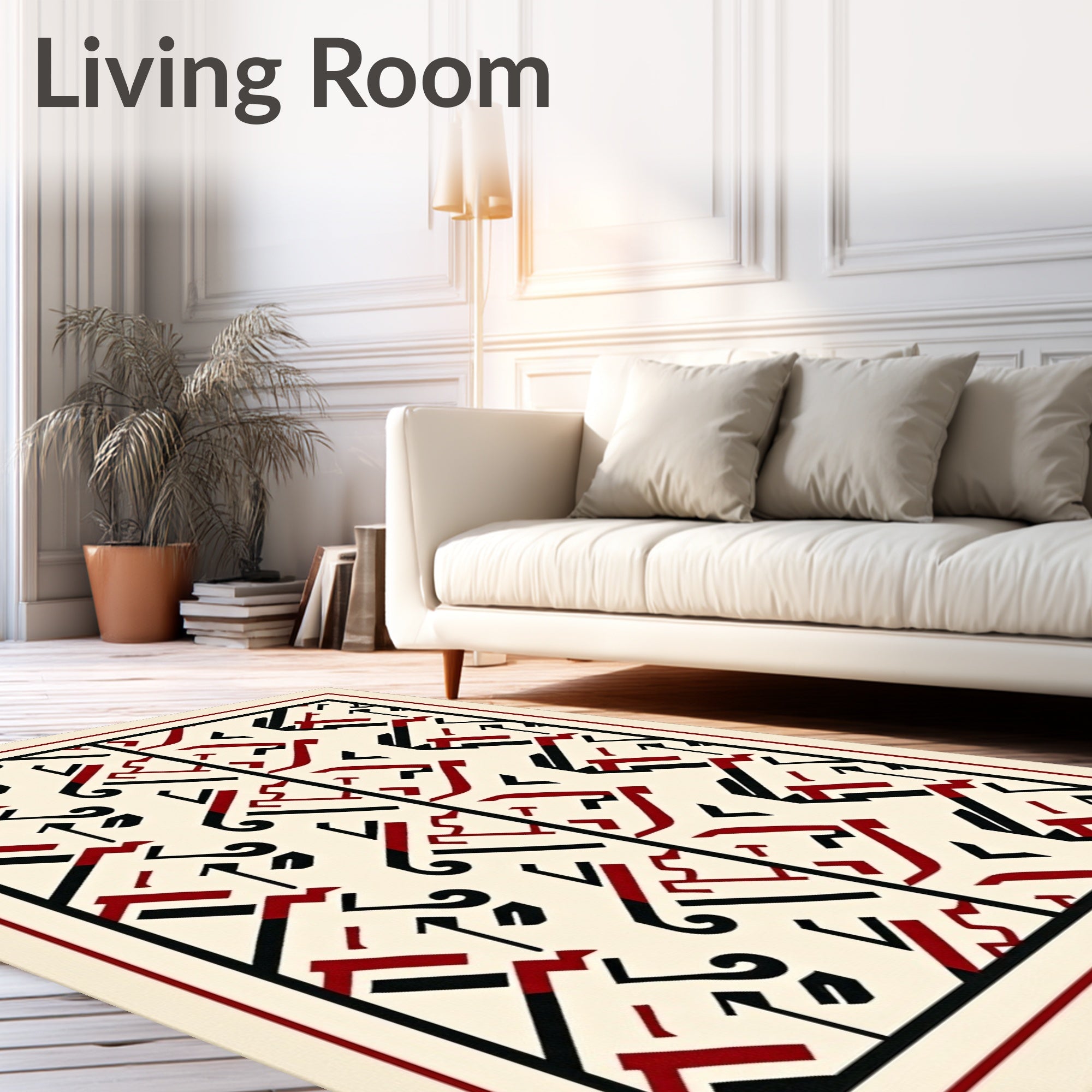 Art Deco Cream Black Red Geometric Rug