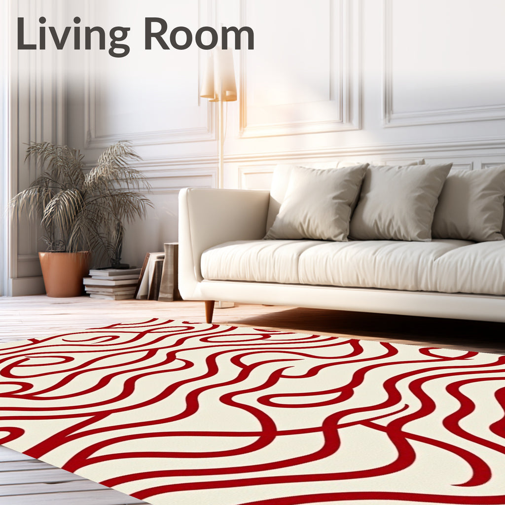 Crimson Red Wavy Line Abstract Rug