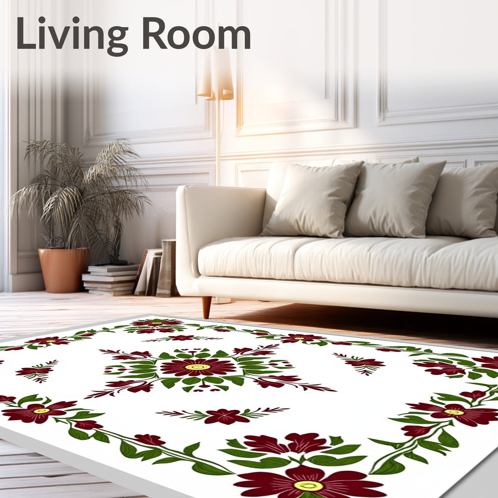 Deep Burgundy Floral Garland Border Rug