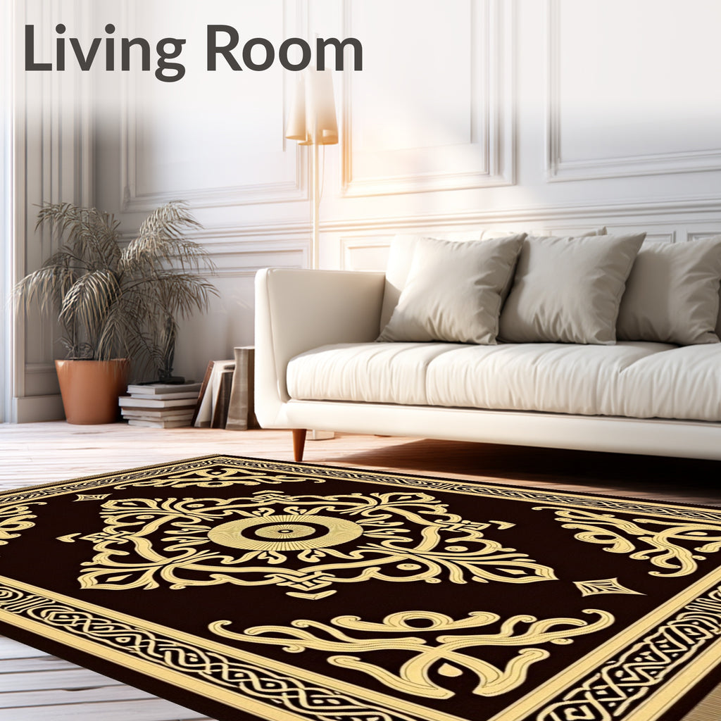 Dark Brown Golden Baroque Scroll Rug
