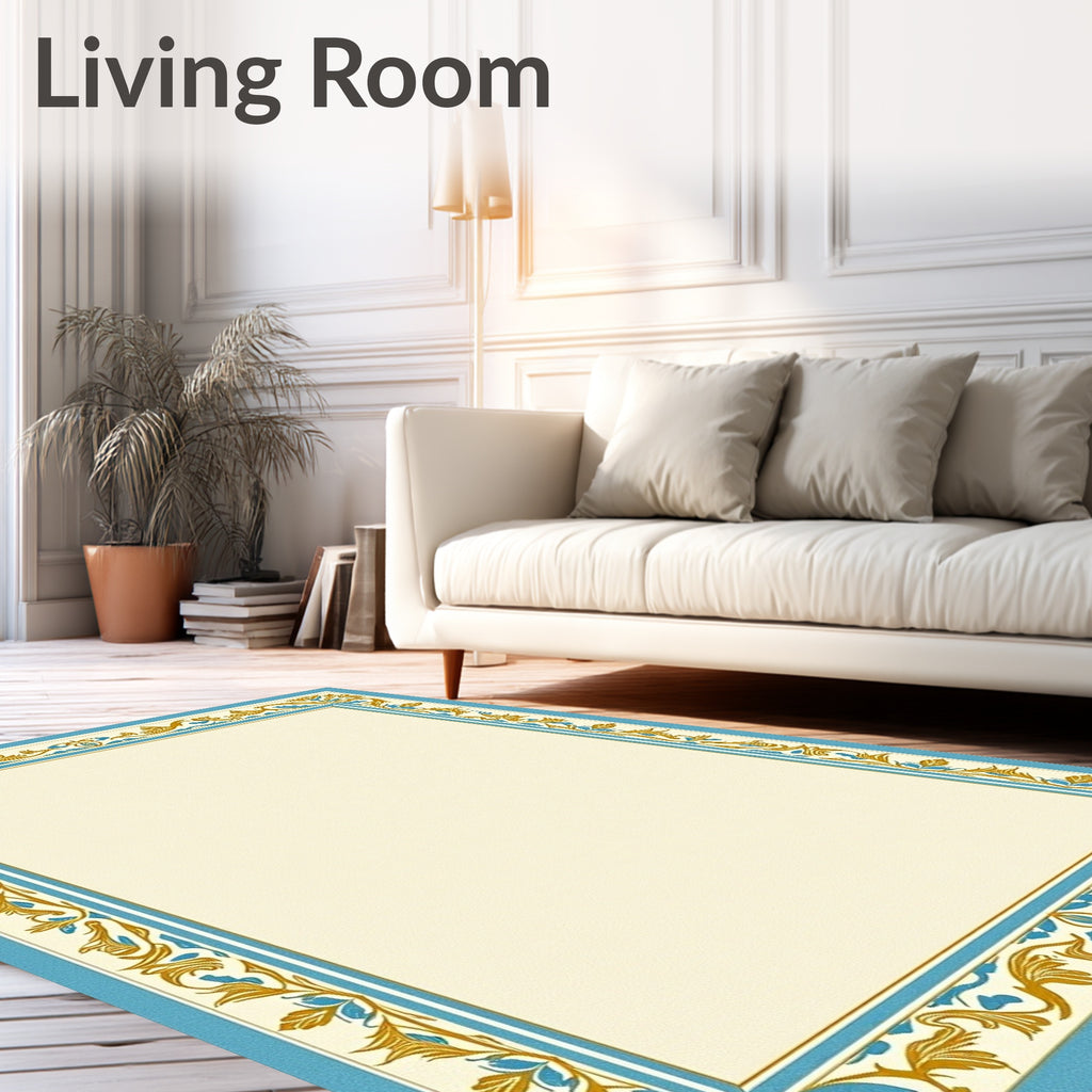 Ornate Teal Gold Leaf Border Rug