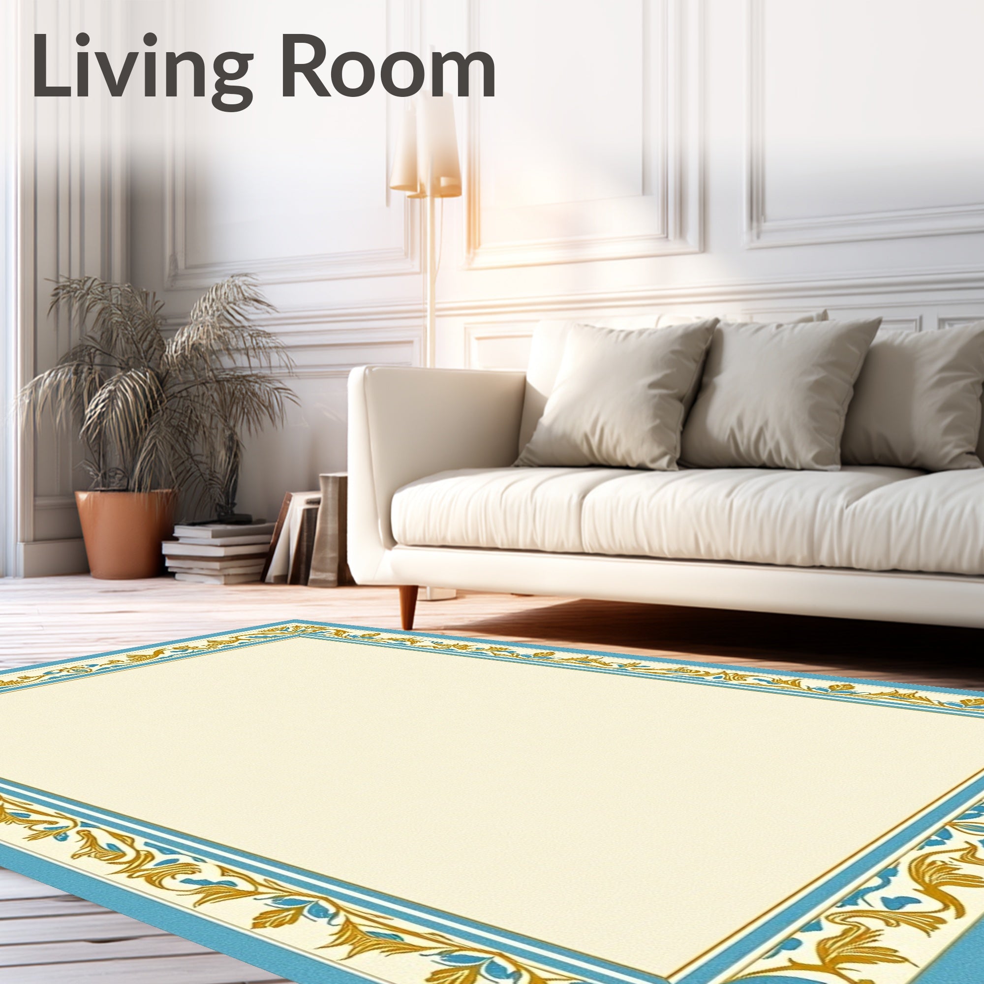 Ornate Teal Gold Leaf Border Rug