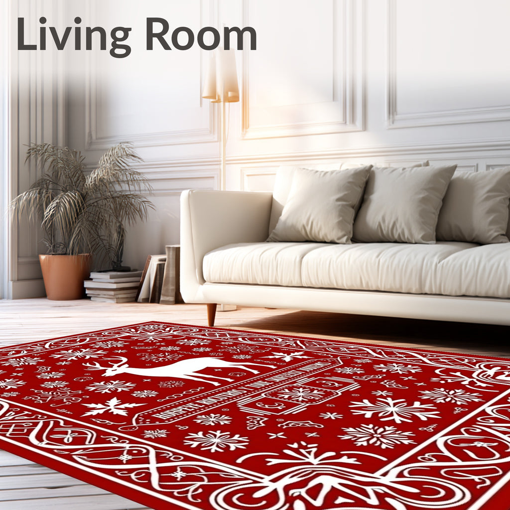 Red White Reindeer Snowflake Scandinavian Rug