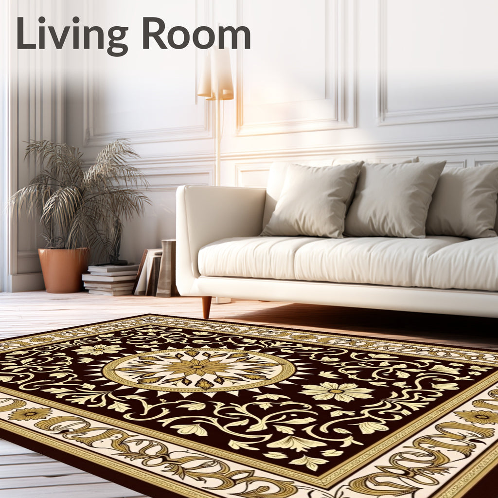 Dark Brown Gold Floral Medallion Courtly Rug