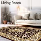 Dark Brown Gold Floral Medallion Courtly Rug