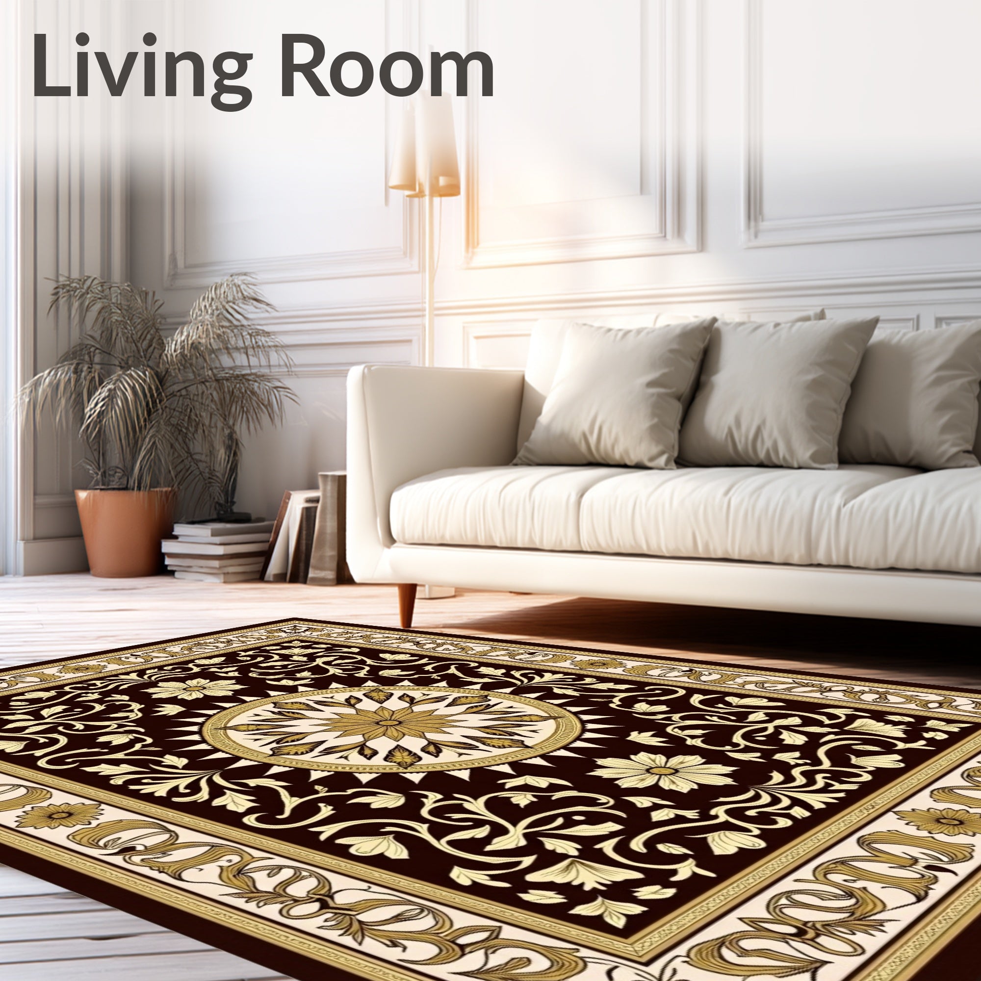 Dark Brown Gold Floral Medallion Courtly Rug