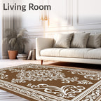 Brown White Filigree Damask Medallion Rug