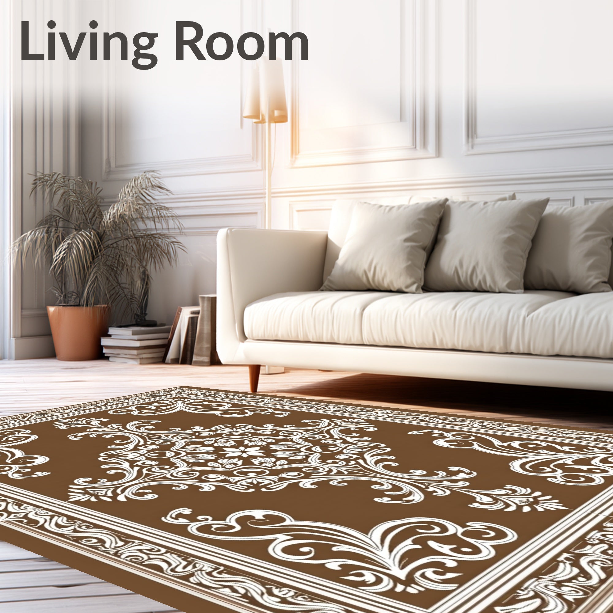 Brown White Filigree Damask Medallion Rug