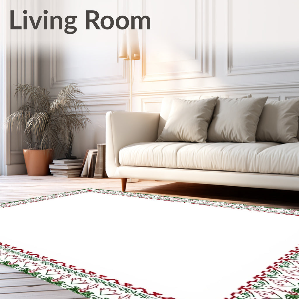Crimson Green Floral Edged Rectangular Frame Rug