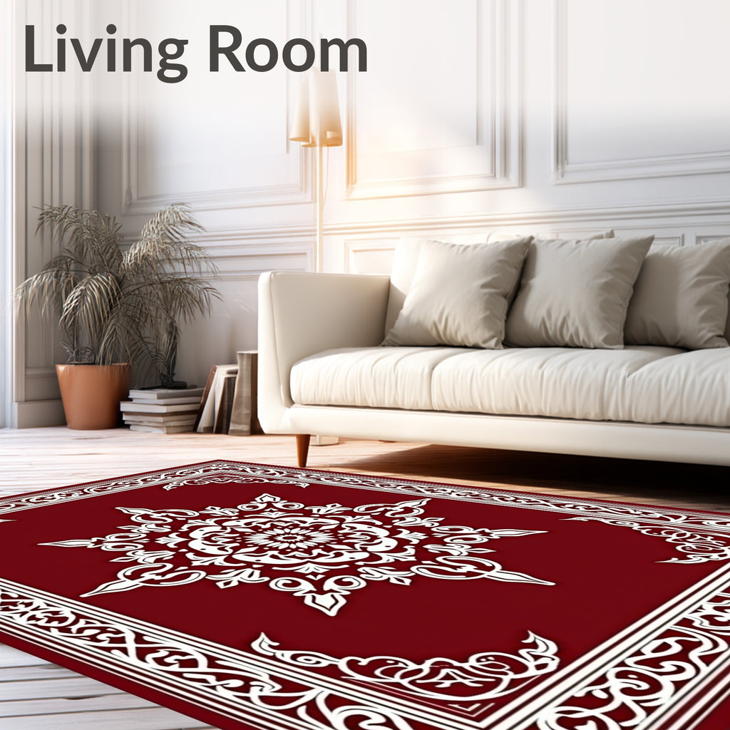 Ornate Crimson Mandala Border Rug