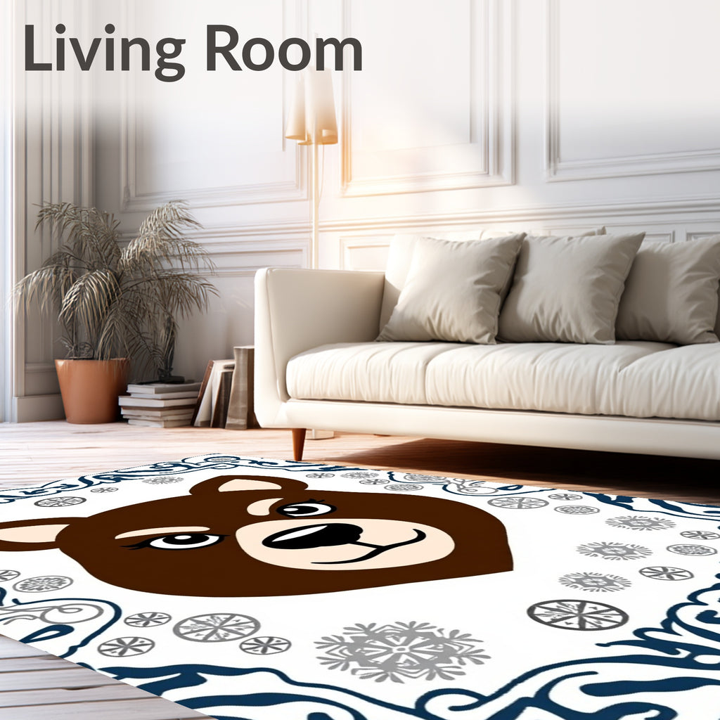 Charming Brown Bear With Snowflakes Border Rug
