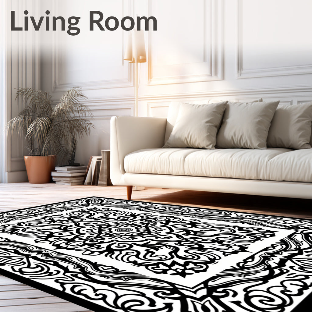 Intricate Black And White Scrollwork Harmony Rug