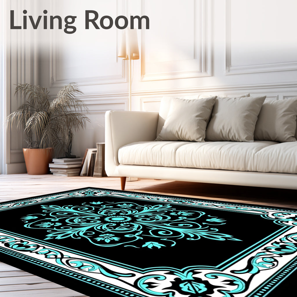 Aqua Floral Scroll Black Medallion Rug