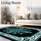 Aqua Floral Scroll Black Medallion Rug