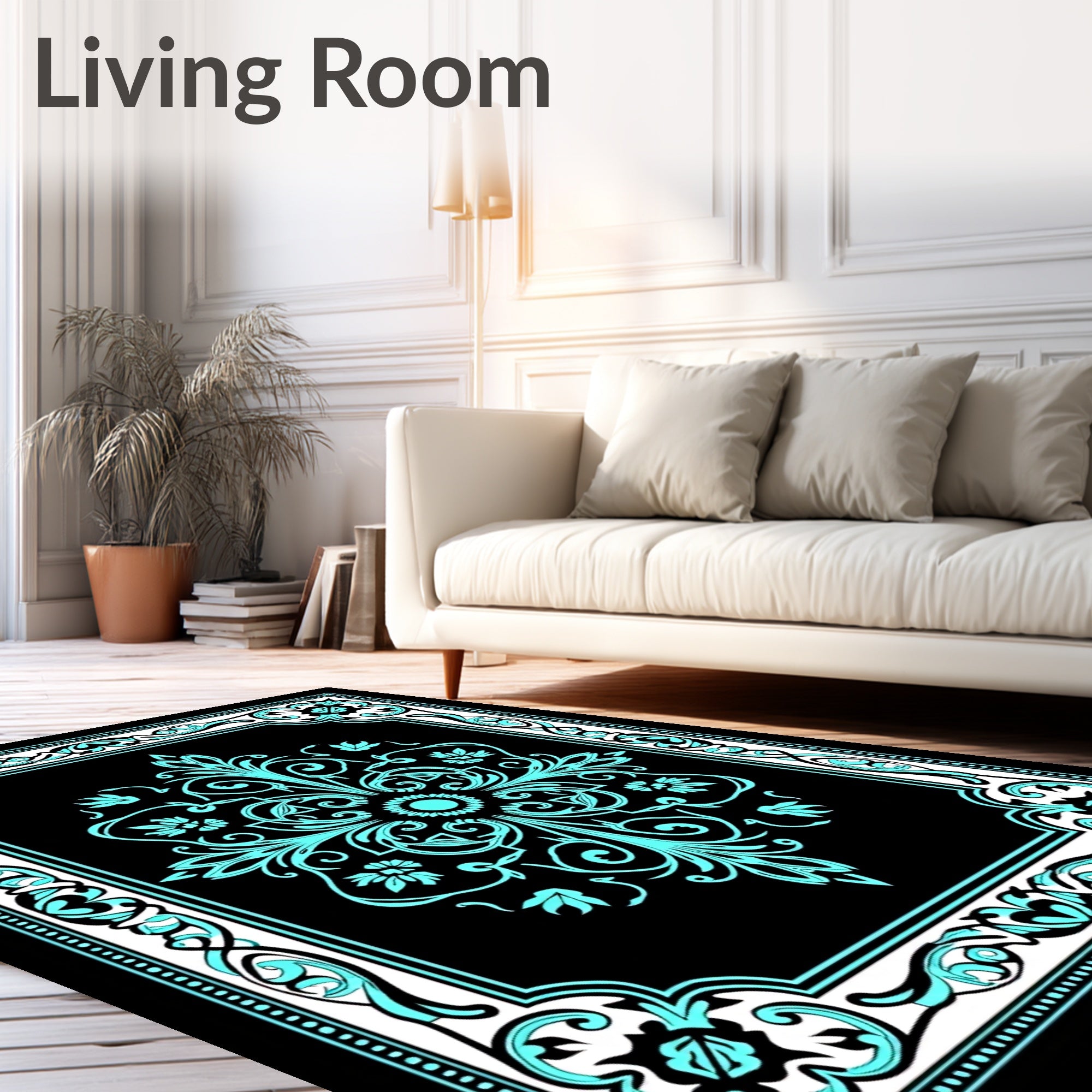 Aqua Floral Scroll Black Medallion Rug