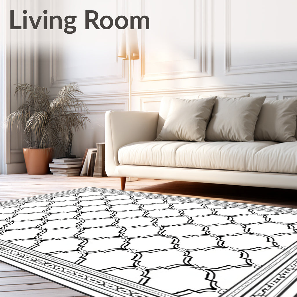 Classic Black Lattice Geometric Border Rug