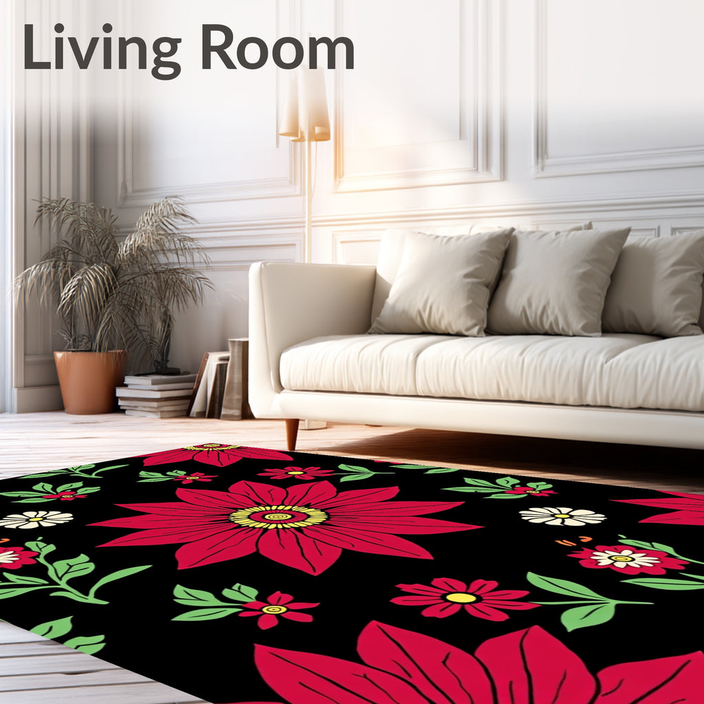 Bold Red Floral Medallion on Black Rug
