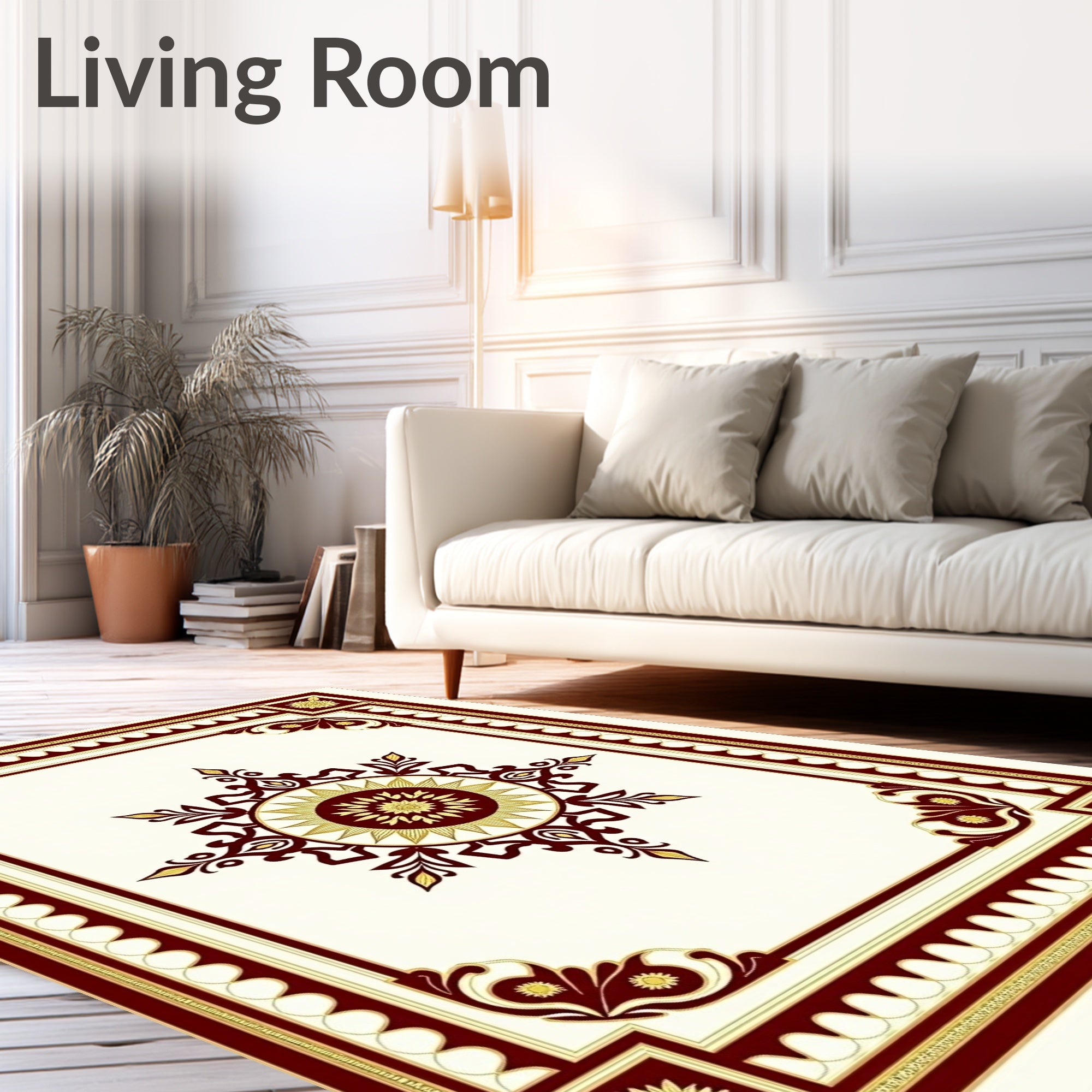 Crimson Gold Sunburst Mandala Frame Rug