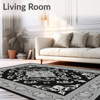 Ornate Black White Medallion Scroll Rug