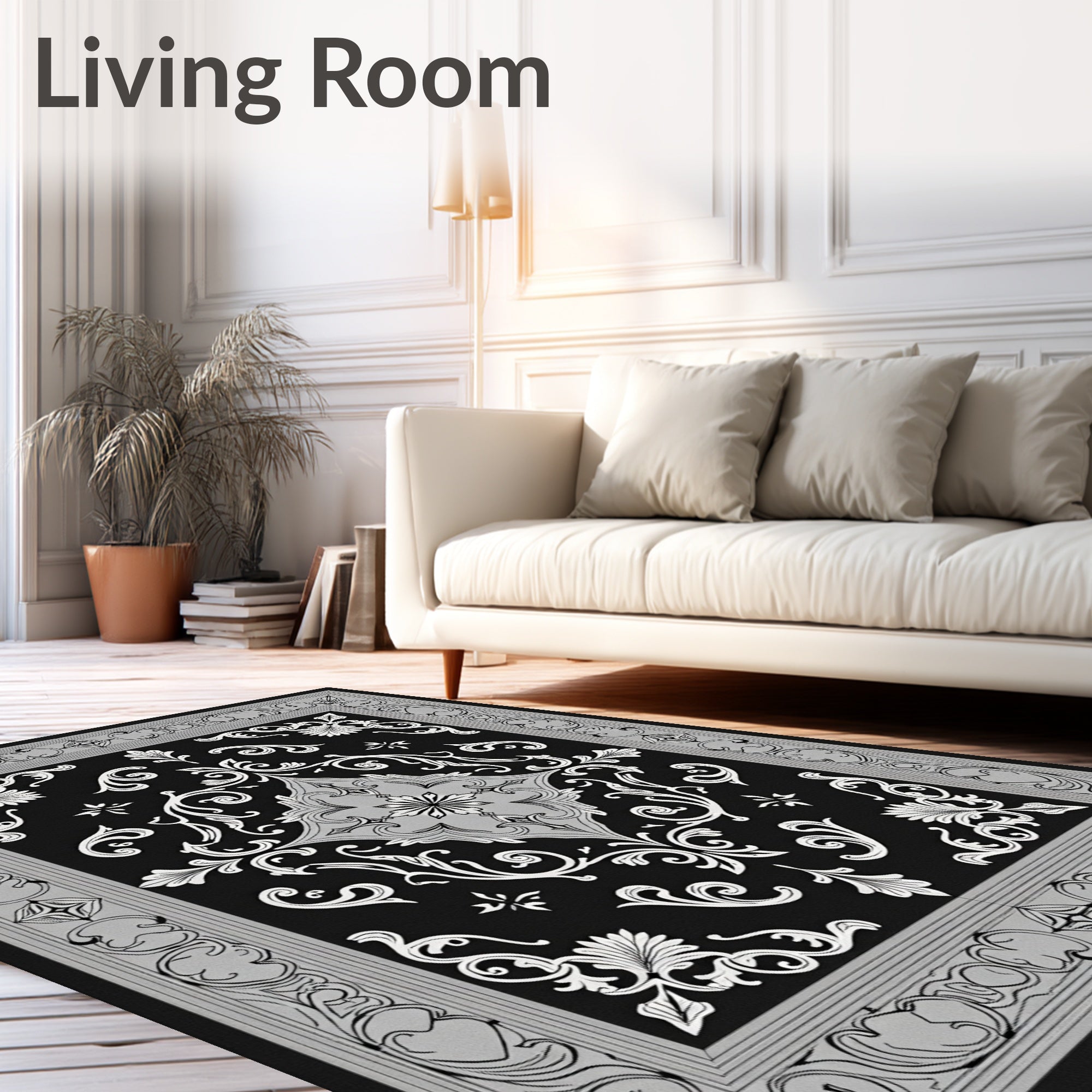 Ornate Black White Medallion Scroll Rug