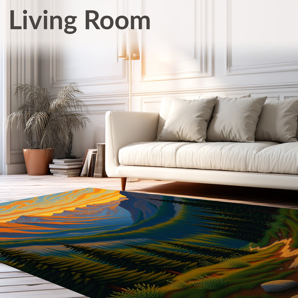 Dramatic Golden Mountain Forest Sunset Rug