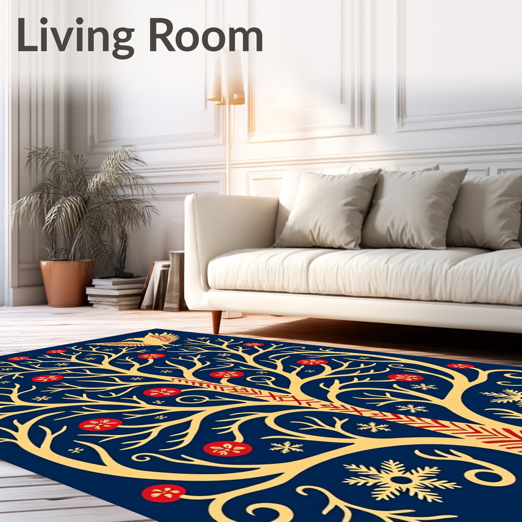 Golden Tree Birds Red Flowers Snowflakes Rug