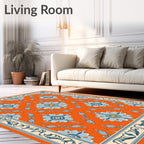 Ornate Blue White Floral Orange Border Rug