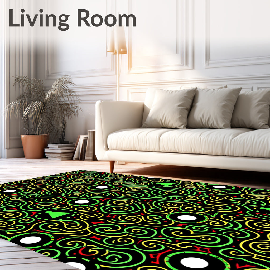 Black Green Yellow Swirl Geometric Rounds Rug