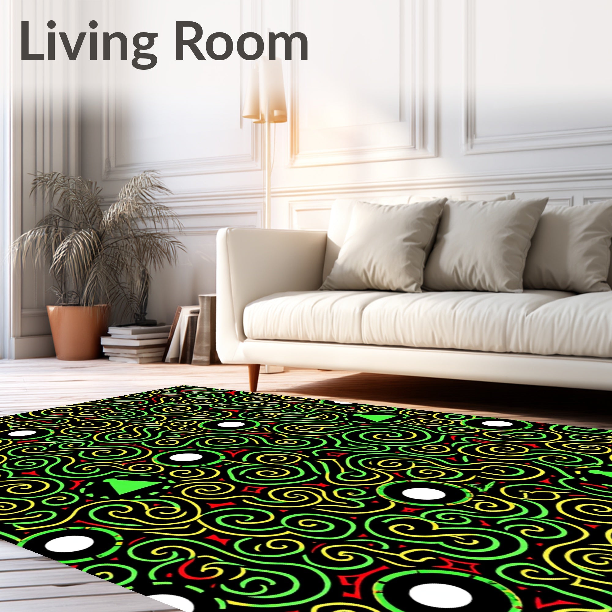Black Green Yellow Swirl Geometric Rounds Rug