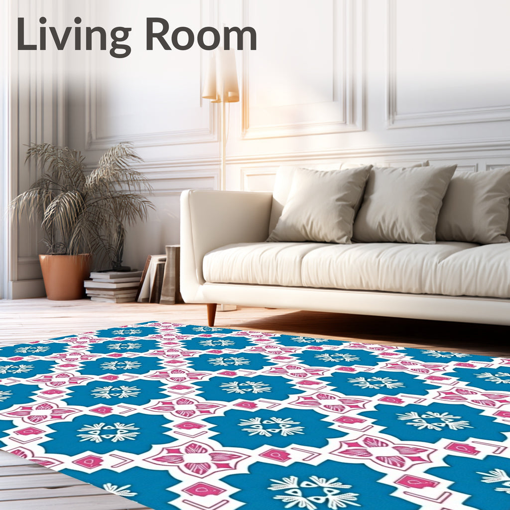 Teal Pink White Geometric Starburst Rug