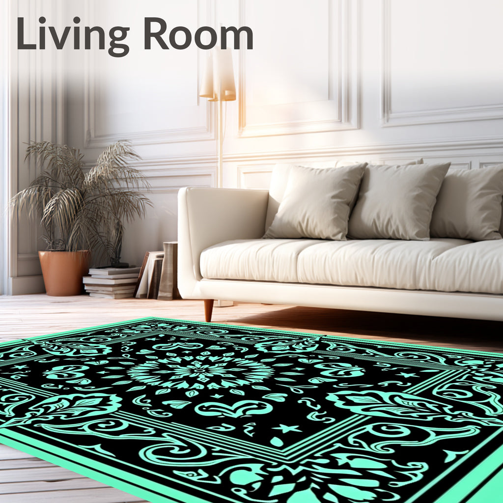 Aqua Black Ornate Floral Medallion Rug