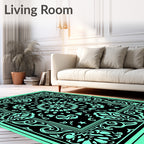 Aqua Black Ornate Floral Medallion Rug