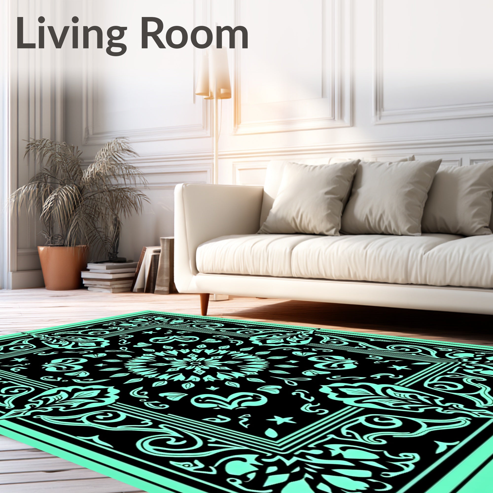 Aqua Black Ornate Floral Medallion Rug