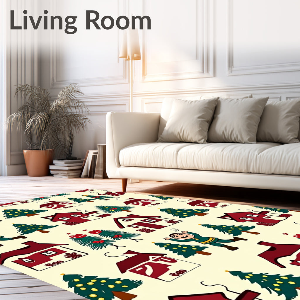 Festive Red Christmas Village Scene Rug